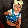 Siyanah participe au concours pour gagner de l'argent avec cette photo : baby, child, blue_eyes, headband, bow, daisy_pattern, romper, sitting, couch, indoor, curious, cute, infant, clothing, furniture, portrait, person, skin, happy, childhood