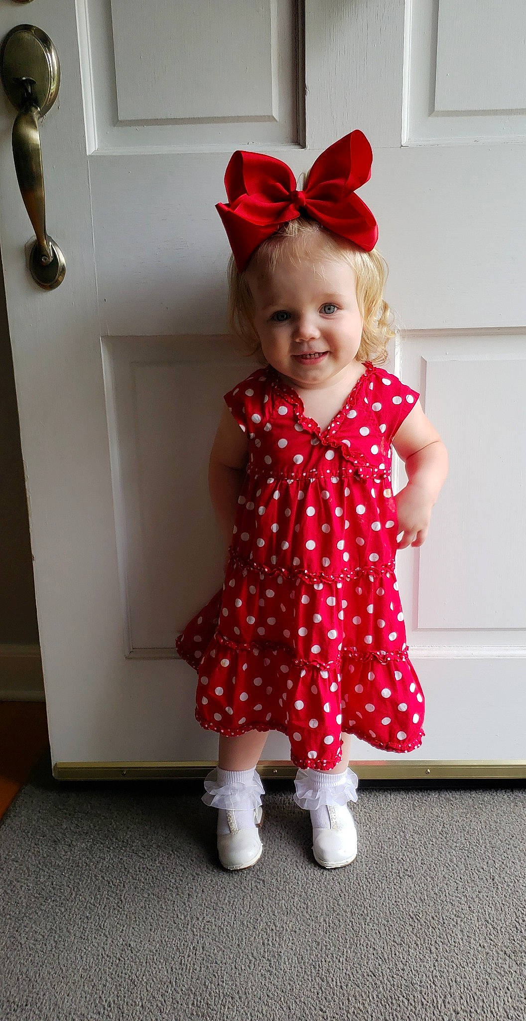 Baylee joined the competition — help win amazing prizes! baby, baby_toddler_clothing, child, clothing, costume, design, dress, ear, fawn, headgear, joy, outerwear, pattern, person, polka_dot, red, shoe, sleeve, toddler