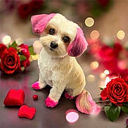 Hazel joined the competition — help win amazing prizes! dog, small_dog, pink_ears, pink_paws, pink_tail, flowers, roses, red_roses, heart_shaped_cushions, bokeh, cute, fluffy, pet, animal, adorable, sitting, indoor, decor, romantic, whimsical