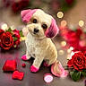 dog, small_dog, pink_ears, pink_paws, pink_tail, flowers, roses, red_roses, heart_shaped_cushions, bokeh, cute, fluffy, pet, animal, adorable, sitting, indoor, decor, romantic, whimsical