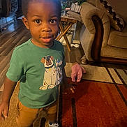 Aiden is registered to the contest to win money with this photo: toddler, child, green_shirt, brown_shorts, sneakers, living_room, rug, sofa, pillow, doll, wooden_floor, table, plant, window, indoors, person, curious, standing, smiling, furniture