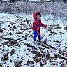child, snow, winter, red_jacket, blue_pants, gloves, hat, surprised_expression, snowball, outdoor, field, plants, cold_weather, frozen, nature, house, footwear, standing, clothing, person
