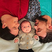 Capucine participe au concours pour gagner de l'argent avec cette photo : baby, adult, family, blanket, smile, lying_down, portrait, clothing, sweater, beard, head, face, person, parent, infant, black_pants, earring, floral_shirt, cozy, toddler