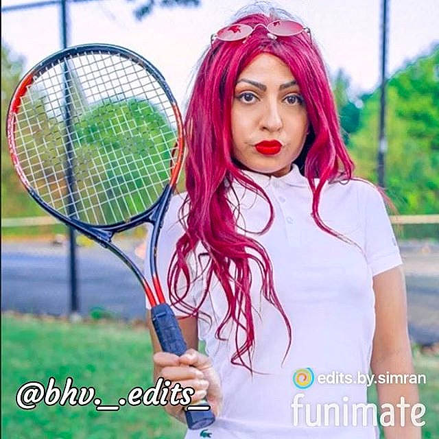 Cinnamon is registered to the contest to win money with this photo: badminton, forehead, hair, hair_coloring, headwear, lip, long_hair, magenta, net, person, photography, pink, racket, rackets, racquet_sport, soft_tennis, strings, tennis, tennis_equipment, tennis_racket