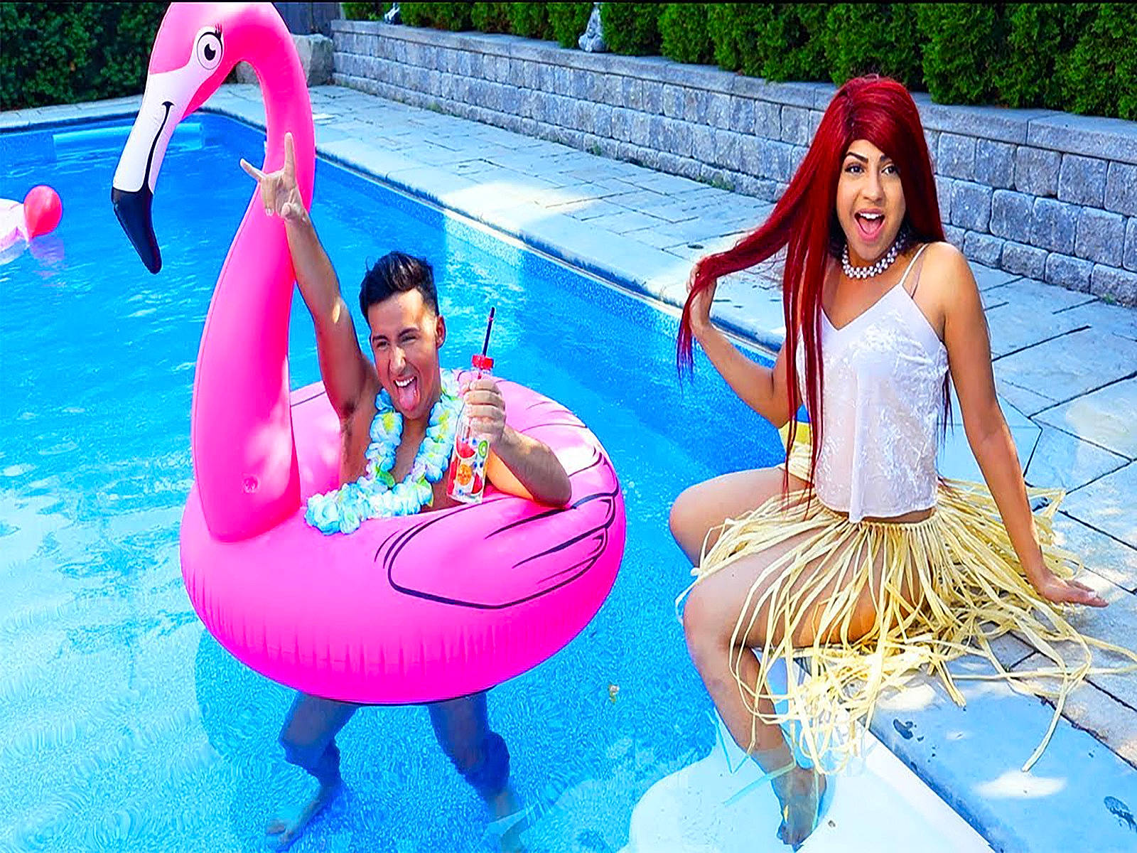 Cinnamon is registered to the contest to win money with this photo: bird, child, costume, fictional_character, flamingo, fun, games, happy, headwear, inflatable, leisure, person, photography, pink, recreation, summer, swimming_pool, vacation, water, water_bird