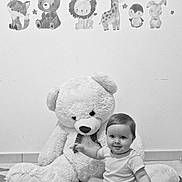 Lyam a rejoint le concours — aidez-le/la à gagner de superbes lots ! baby, teddy_bear, stuffed_animal, wall_decals, fox, bear, lion, giraffe, penguin, rabbit, stars, moon, carpet, indoor, child, smiling, sitting, cute, playful, nursery