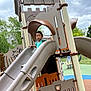 activity, casual_clothing, child, cloudy_sky, curious_expression, daylight, fun, greenery, outdoor, park, plastic_slide, play_area, play_equipment, playground, recreation, slide, summer, trees, urban_park, young_child