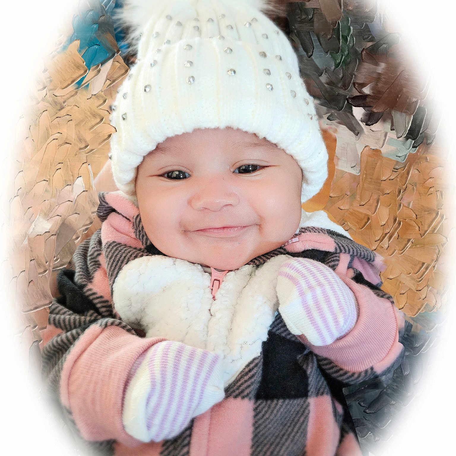 Zayleigh is registered to the contest to win money with this photo: baby, baby_laughing, beige, bonnet, cheek, child, fur, headgear, headwear, joy, person, photography, playing_in_the_snow, skin, smile, toddler