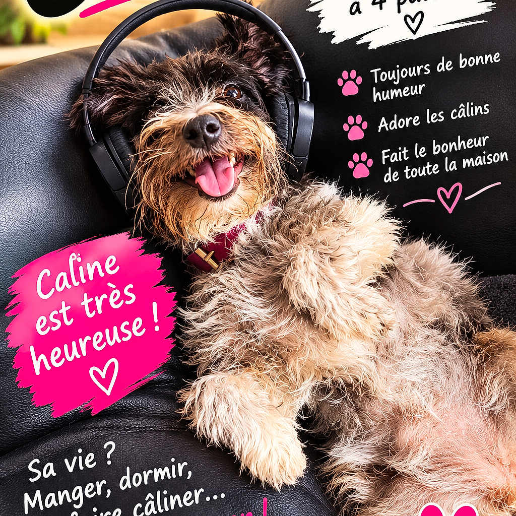 Caline participe au concours pour gagner de l'argent avec cette photo : black_couch, brown_fur, cream_fur, cute, dog, fluffy, french_text, happy, headphones, indoors, paw_prints, pet, pink_hearts, portrait, puppy, scruffy_dog, smiling, sofa, text_overlay, tongue_out