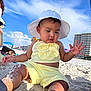 beach, building, child, cloud, curious, daytime, footwear, hat, nature, outdoor, person, play, relaxation, sand, sky, summer, sunny, toddler, vacation, yellow_clothing