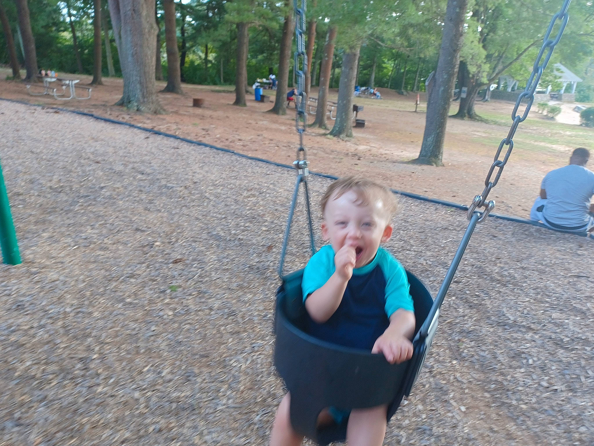 Hayden joined the competition — help win amazing prizes! child, city, electric_blue, fun, grass, happy, leaf, leisure, mammal, outdoor_play_equipment, person, plant, play, playground, recreation, sleeve, smile, swing, toddler, tree