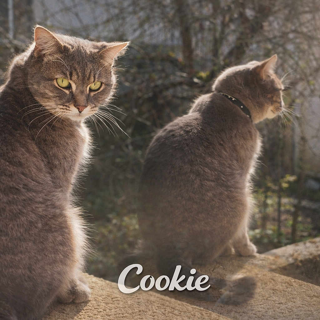 Cookie participe au concours pour gagner de l'argent avec cette photo : cat, cats, gray_cat, feline, pet, animal, whiskers, ears, yellow_eyes, collar, sitting, window, ledge, sunlight, outdoor, backlight, portrait, closeup, fur, text_overlay