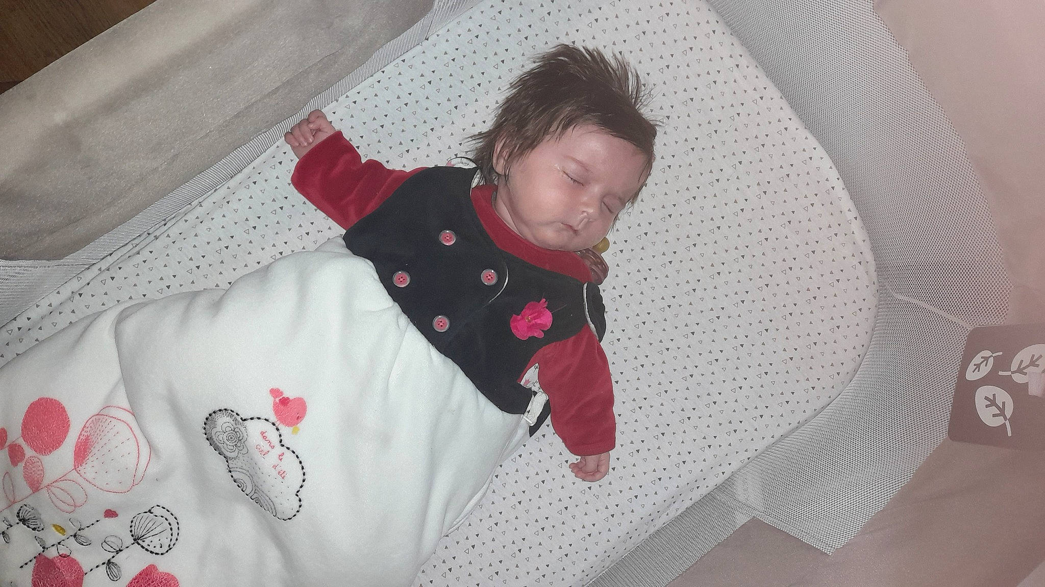 Constance participe au concours pour gagner de l'argent avec cette photo : baby_toddler_clothing, bedding, carmine, child, circle, comfort, flooring, fun, linens, magenta, pattern, person, room, sleeve, toddler, white