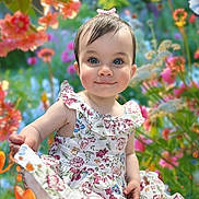 Azlynn is registered to the contest to win money with this photo: toddler, child, girl, blue_eyes, pink_bow, floral_dress, smile, portrait, outdoor, garden, flowers, colorful, nature, summer, cute, happy, innocent, soft_focus, greenery, baby