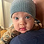 Crew joined the competition — help win amazing prizes! adult, baby, blue_eyes, child, close_up, clothing, cute, dinosaur_pattern, expression, face, hat, headwear, indoor, knit_hat, person, portrait, shoulder, skin, toddler, warmth