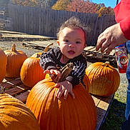 Nyilah joined the competition — help win amazing prizes! baby, countryside, face, farm, fence, food, gourd, harvest, head, nature, outdoors, person, photography, plant, portrait, produce, pumpkin, rural, squash, vegetable