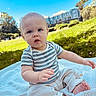 baby, child, infant, outdoor, grass, blue_sky, tree, blanket, striped_shirt, pants, barefoot, greenery, daylight, building, nature, curious, sitting, cute, portrait, person