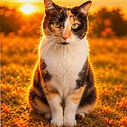 Callie joined the competition — help win amazing prizes! cat, calico_cat, pet, animal, feline, sitting, portrait, outdoor, meadow, grass, autumn, sunset, golden_hour, orange_light, whiskers, green_eyes, tri_color, nature, centered_composition, dramatic_lighting