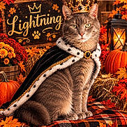 Lightning is registered to the contest to win money with this photo: cat, gray_cat, crown, royal_costume, cape, fur_trim, autumn, fall, pumpkin, maple_leaves, flowers, chrysanthemums, lantern, hay_bales, rustic, outdoor, portrait, sitting, decorative_sign, dramatic_lighting