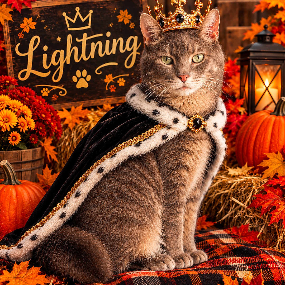 Lightning is registered to the contest to win money with this photo: cat, gray_cat, crown, royal_costume, cape, fur_trim, autumn, fall, pumpkin, maple_leaves, flowers, chrysanthemums, lantern, hay_bales, rustic, outdoor, portrait, sitting, decorative_sign, dramatic_lighting