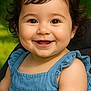 Eva a rejoint le concours — aidez-le/la à gagner de superbes lots ! baby, blue_dress, cheeks, child, curly_hair, cute, eyes, face, green_background, happy, holding, infant, outdoor, portrait, sitting, skin, smile, snack, toddler, young_child