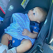 Monty is registered to the contest to win money with this photo: baby, infant, child, car_seat, indoors, vehicle, striped_clothing, blue_clothing, sitting, lying_down, wide_eyes, face, portrait, safety_harness, seatbelt, socks, legs, automobile, close_up, photography