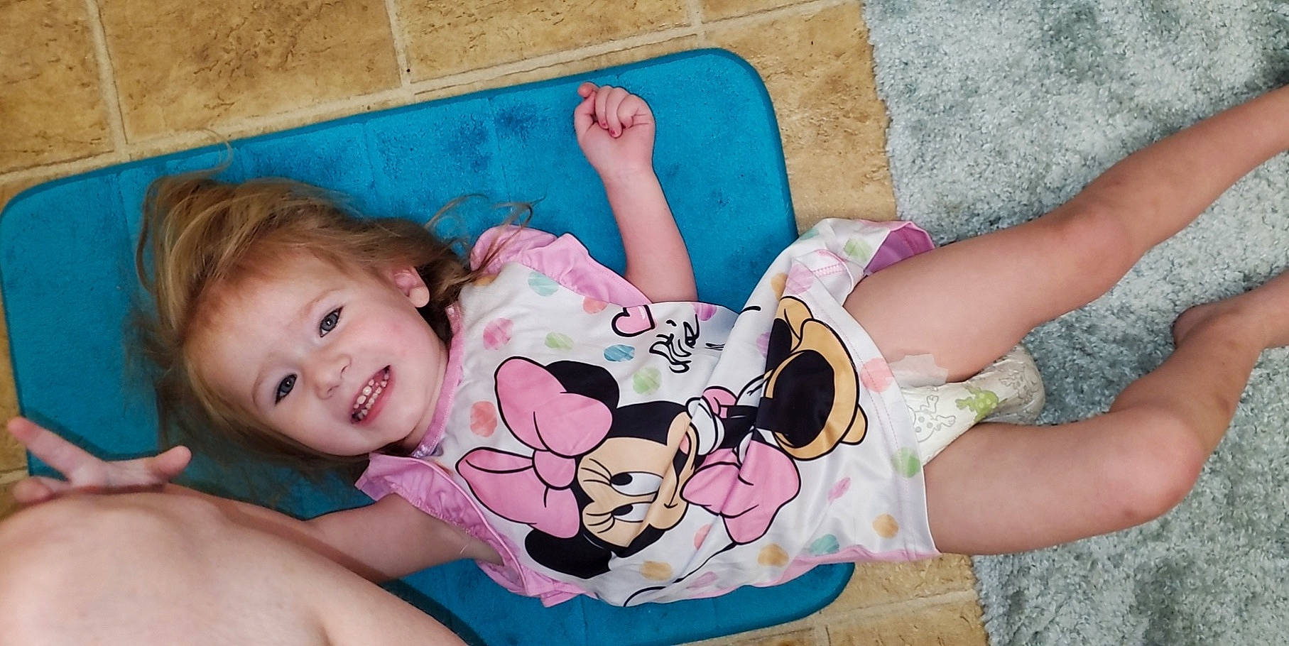 Abigail is registered to the contest to win money with this photo: arm, baby_toddler_clothing, cheek, eye, face, facial_expression, finger, hand, happy, human_body, joint, joy, leg, mouth, organ, person, photograph, pink, skin, smile