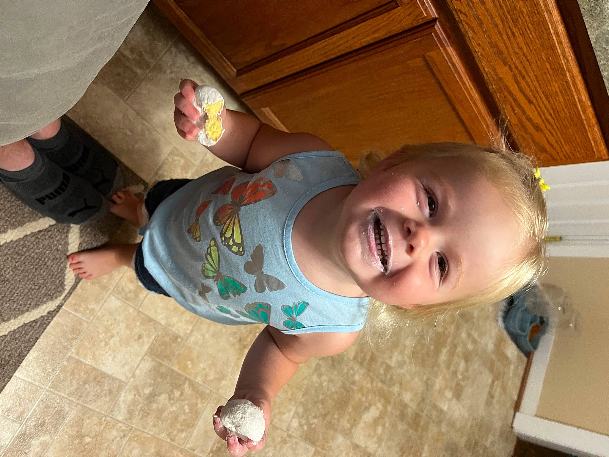 Kamrynn joined the competition — help win amazing prizes! baby, baby_laughing, baby_toddler_clothing, child, floor, flooring, foot, fun, happy, hardwood, human_leg, joy, laugh, leisure, mouth, nose, person, sandal, smile, thigh