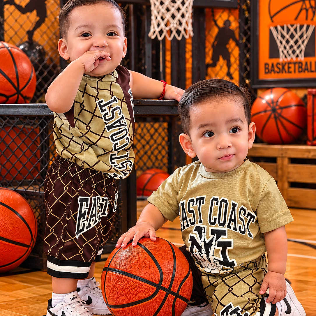 Derek Y Dariel is registered to the contest to win money with this photo: children, toddlers, basketball, sports, basketball_court, indoor, portrait, smiling, standing, sitting, athletic, sportswear, jerseys, sneakers, basketballs, basketball_hoop, gymnasium, wooden_floor, siblings, playful