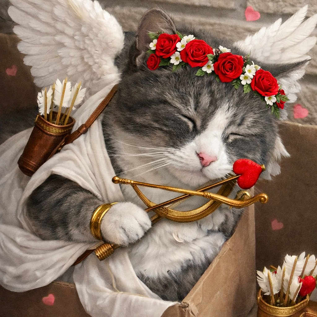Bubulle participe au concours pour gagner de l'argent avec cette photo : cat, angel_wings, rose_crown, bow_and_arrow, cardboard_box, rose_petals, quiver, heart, gray_cat, white_cat, costume, cute, sleeping_cat, pet, indoor, decorative, adorable, floral_crown, mythical, romantic