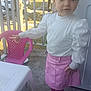 Zélya participe au concours pour gagner de l'argent avec cette photo : child, girl, outdoor, balcony, pink_skirt, white_blouse, pink_headband, pointing, pink_chair, plastic_table, minnie_mouse_shoes, trees, cars, daylight, concrete_floor, playful, fashion, person, cute, standing