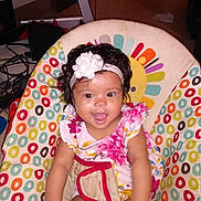 Mersada is registered to the contest to win money with this photo: baby, child, smiling, flower_headband, floral_dress, colorful, baby_chair, patterned, indoor, happy, cute, sitting, infant, young_child, person, headband, dress, face, skin, hair