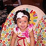 baby, child, smiling, flower_headband, floral_dress, colorful, baby_chair, patterned, indoor, happy, cute, sitting, infant, young_child, person, headband, dress, face, skin, hair
