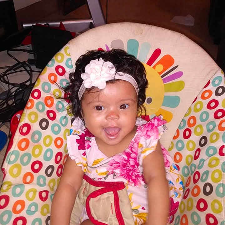 Mersada is registered to the contest to win money with this photo: baby, baby_chair, child, colorful, cute, dress, face, floral_dress, flower_headband, hair, happy, headband, indoor, infant, patterned, person, sitting, skin, smiling, young_child