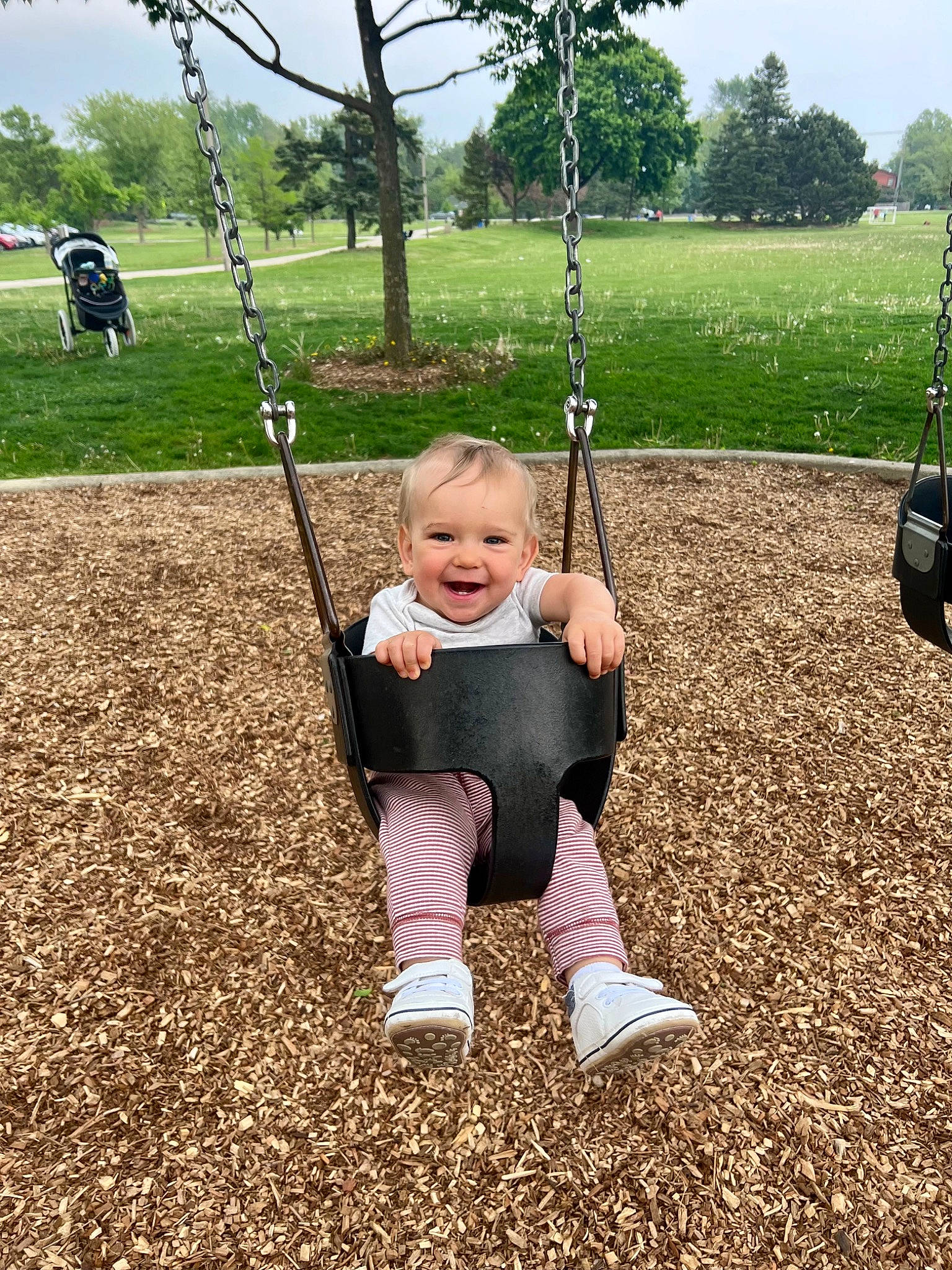 Joey is registered to the contest to win money with this photo: baby, city, fun, grass, happy, joy, leaf, leisure, outdoor_play_equipment, people_in_nature, person, plant, play, playground, recreation, sitting, sky, smile, soil, swing