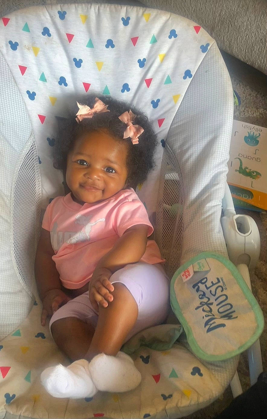 Devyn joined the competition — help win amazing prizes! baby, baby_products, baby_safety, baby_toddler_clothing, cheek, child, comfort, facial_expression, fashion_accessory, fun, hairstyle, head, joy, linens, person, room, sitting, skin, smile, sock