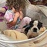baby, bedside_table, blanket, child, cozy, curious, curly_hair, cute, digital_clock, dog, furniture, home, indoor, person, pet, playpen, puppy, sitting, toddler, toy