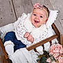 baby, blanket, blue_jeans, child, cozy, cute, floral, flowers, fur, happy, headband, indoors, infant, pink, portrait, sitting, smiling, soft_texture, white, wooden_basket