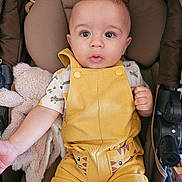 Tiago a rejoint le concours — aidez-le/la à gagner de superbes lots ! baby, infant, child, yellow_overalls, plush_toy, stroller, cute, curious_eyes, soft_toy, comfortable, seat, casual_clothing, portrait, indoor, closeup, hands, face, expression, young, adorable