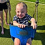 child, toddler, swing, playground, blue_swing, grass, sunlight, smile, happy, striped_shirt, person, barefoot, outdoor, summer, fun, play, holding, shadow, adult, legs