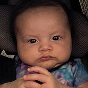 Anastasia joined the competition — help win amazing prizes! baby, child, face, hands, tie_dye_shirt, car_seat, infant, portrait, closeup, expression, cute, person, seatbelt, young, skin, human, indoor, clothing, head, eyes