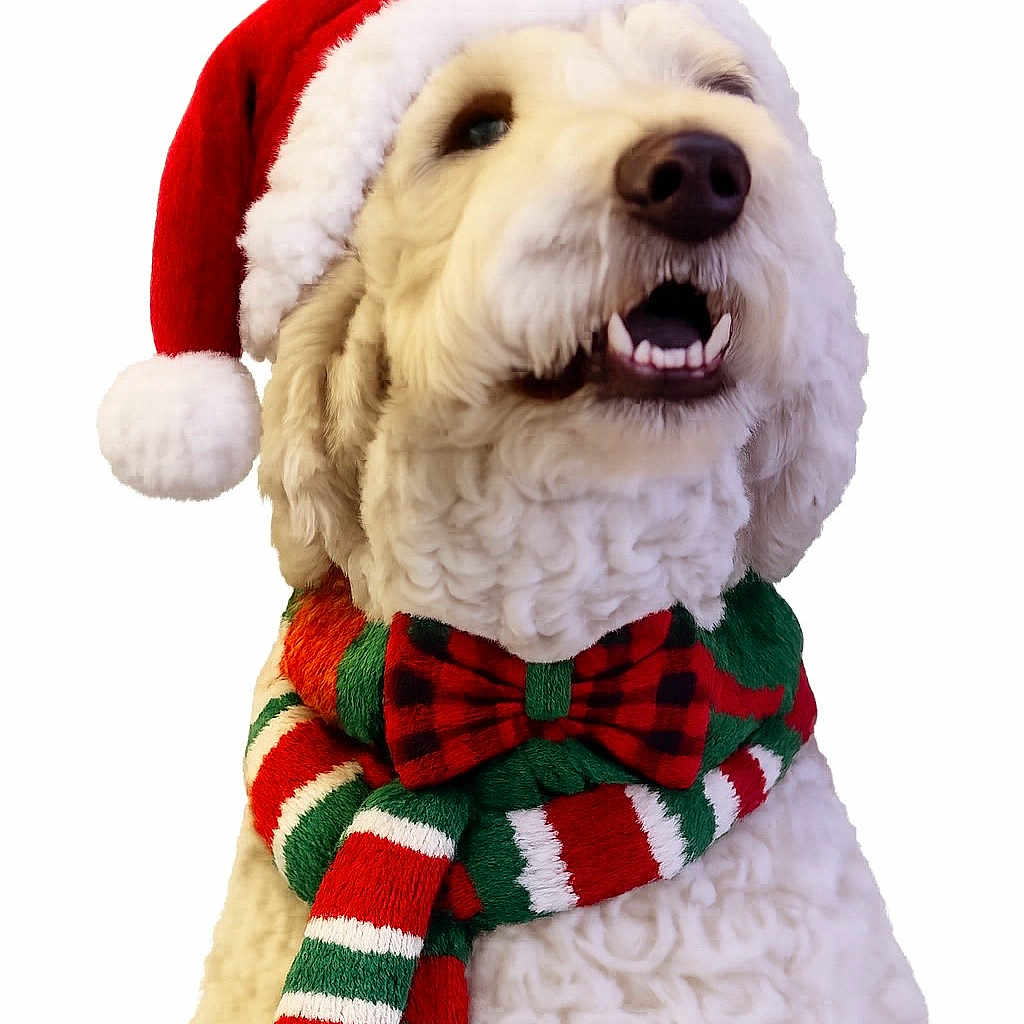 Mr. Marshall Mellow is registered to the contest to win money with this photo: accessory, bow_tie, canine, celebration, christmas, cute, dog, festive, fluffy, funny, happy, holiday, pet, portrait, santa_hat, scarf, seasonal, smiling, white_dog, winter