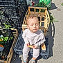 toddler, child, sitting, bread, baguette, crate, vegetables, outdoor, sunlight, closed_eyes, shoes, clothing, asphalt, plastic_crate, bag, greenery, person, food, market, peaceful