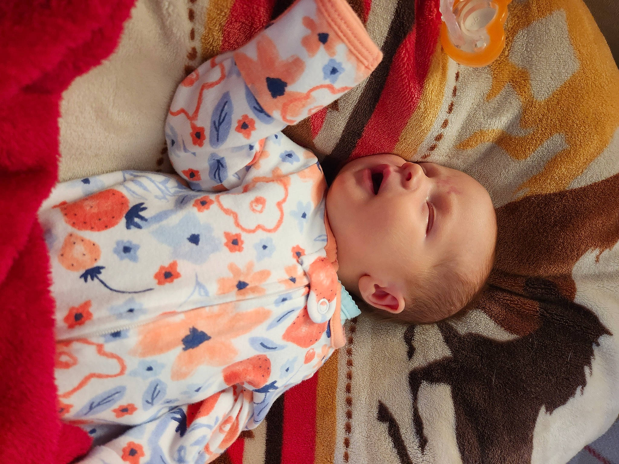 Isabelle joined the competition — help win amazing prizes! baby, baby_toddler_clothing, cheek, child, comfort, design, eye, eyelash, face, head, iris, linens, lip, nose, orange, pattern, person, skin, sleeve, textile