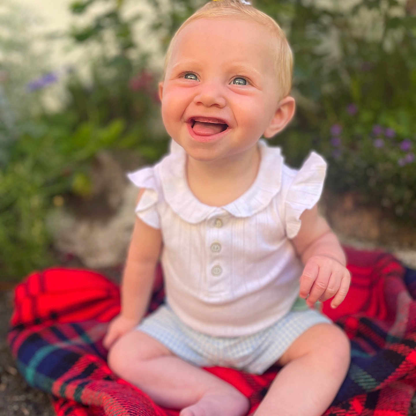 éléna a rejoint le concours — aidez-le/la à gagner de superbes lots ! baby, blanket, child, clothing, cute, face, feet, garden, happy, headband, infant, nature, outdoor, person, plaid, portrait, sitting, smiling, summer, sunlight