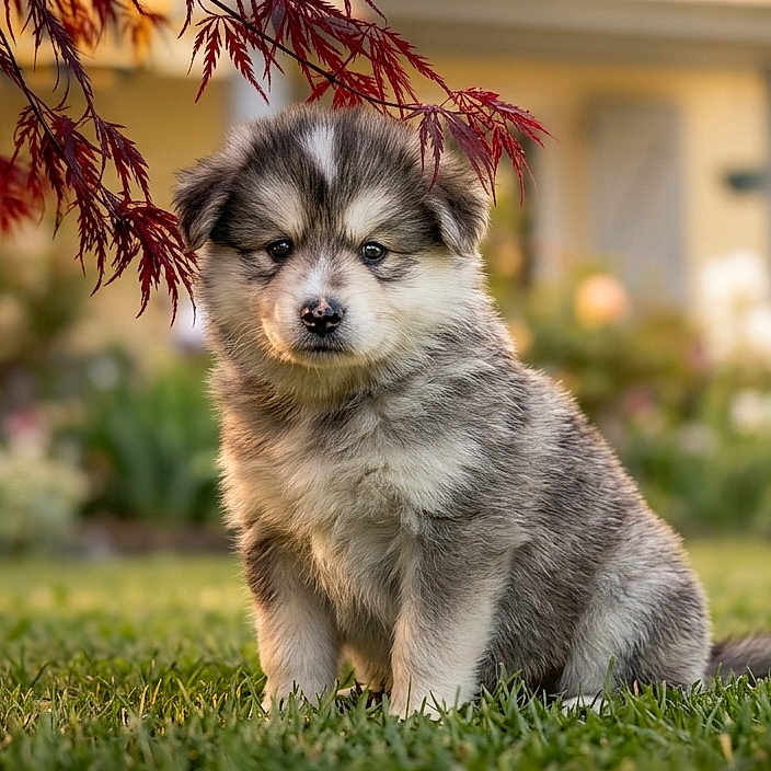 Chase participe au concours pour gagner de l'argent avec cette photo : adorable, animal, calm, cute, daylight, dog, flower, fur, garden, grass, house, leaf, nature, outdoor, pet, portrait, puppy, red_leaf, sitting, young