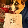 dog, sketch, drawing, notebook, spiral_notebook, indoor, portrait, pet, animal, brown_and_white, smiling, face, ears, eyes, art, illustration, wood_pattern, fabric, colorful, cozy