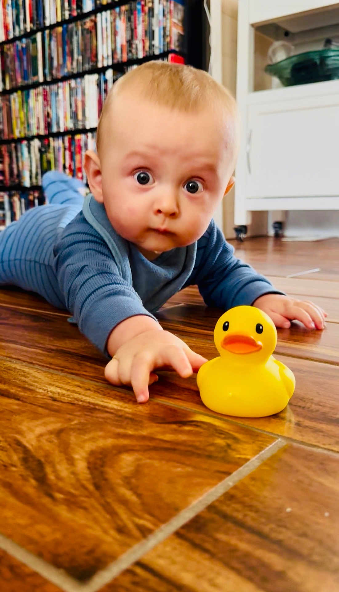 Dashiell is registered to the contest to win money with this photo: baby, child, rubber_duck, toy, floor, wooden_floor, pajamas, blue_clothing, indoor, home, curious, wide_eyes, crawling, person, face, hand, cabinet, bookshelf, toy_duck, flooring