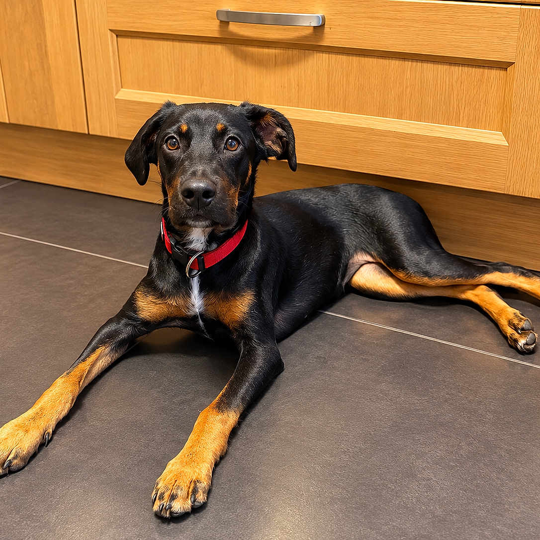 Murphy participe au concours pour gagner de l'argent avec cette photo : dog, black_and_tan, lying_down, kitchen, tile_floor, wooden_cabinets, red_collar, pet, portrait, animal, indoors, front_view, floppy_ears, brown_eyes, long_legs, relaxed, photography, domestic_dog, floor, cabinetry
