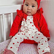 Manéa participe au concours pour gagner de l'argent avec cette photo : baby, barefoot, bow, child, crib, curious_expression, cute, floral_sheet, headband, heart_pattern, indoors, infant, nursery, person, portrait, red_clothing, sitting, soft_lighting, white_clothing, young_child